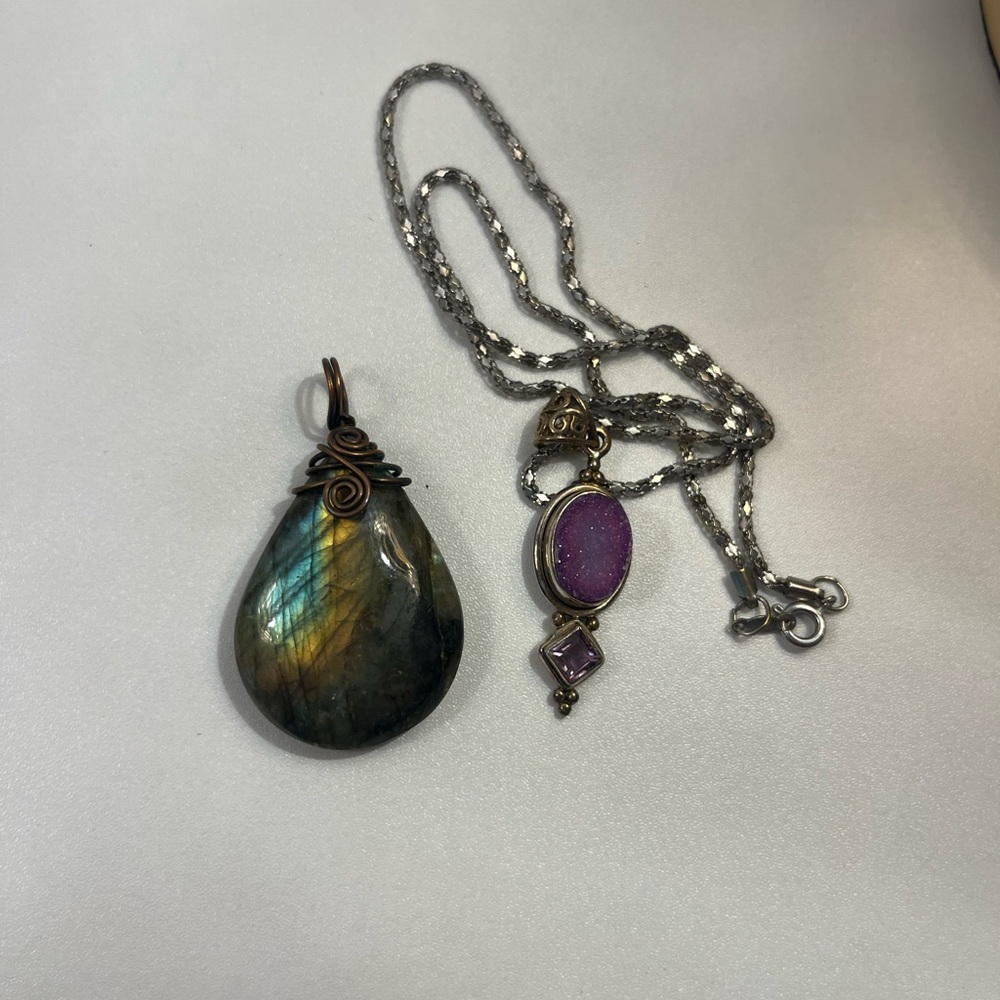 Elegant Labradorite and Purple Druzy Quartz Pendant and Necklace